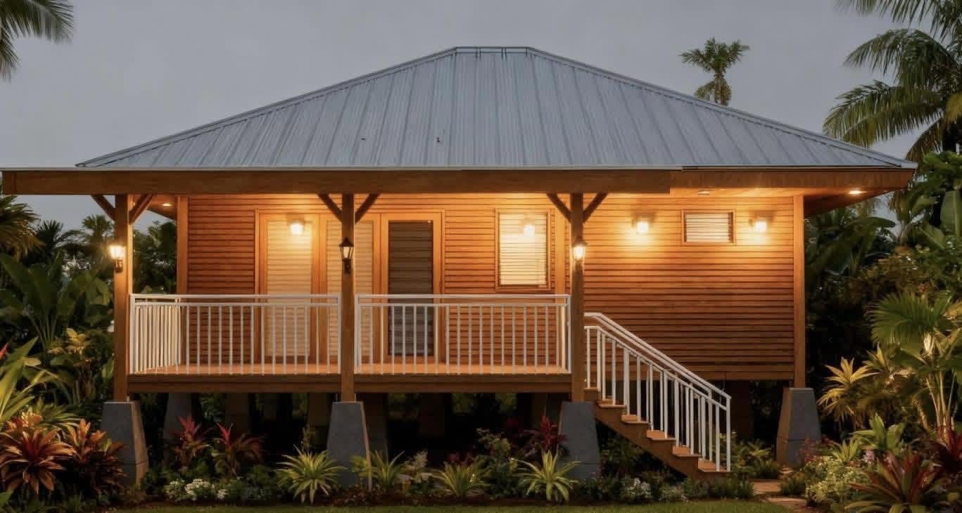 Maison en bois sur pilotis avec terrasse éclairée, au milieu d'un jardin tropical